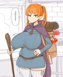  1girl abubu backpack bag belt book breasts cloak condom condom_packet_strip condom_wrapper dildo female_focus hood hooded_cloak large_breasts looking_at_viewer orange_eyes orange_hair pointy_ears potion sex_toy solo_focus staff thighhighs translation_request twintails  rating:Questionable score:65 user:jackjackson