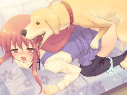 1girl ahegao aikawa_miku all_fours bent_over bestiality black_thighhighs blush brown_eyes censored daisuke_(one-lover) delta_(delta0127) dog doggystyle game_cg kneeling long_hair okiyumi_kase one-lover open_mouth panties pink_hair saliva sex sex_from_behind striped_clothes striped_panties thighhighs tongue top-down_bottom-up underwear vaginal rating:Explicit score:162 user:moeiiss