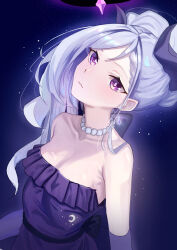 1girl absurdres ahoge bare_shoulders blue_archive collarbone commentary_request crescent_print dangle_earrings demon_girl demon_horns dress earrings elbow_gloves gloves halo head_tilt healgo highres hina_(blue_archive) hina_(dress)_(blue_archive) horns jewelry long_hair looking_at_viewer necklace night night_sky official_alternate_costume official_alternate_hairstyle parted_bangs pearl_necklace ponytail purple_dress purple_eyes purple_gloves sidelocks sky solo star_(sky) starry_sky wavy_hair white_hair 