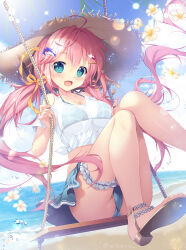  1girl :d antenna_hair aqua_eyes beach bikini blue_bikini blush breasts bridal_garter cameltoe cleavage cloud commentary_request cumulonimbus_cloud curvy dolphin_hair_ornament floating_hair flower foreshortening hair_between_eyes hair_intakes hair_ornament hair_ribbon hairclip happy hat highres knees_together_feet_apart large_breasts legs lens_flare light_particles long_hair looking_at_viewer low_twintails mikeou ocean open_mouth original outdoors pink_hair ribbon sandals see-through see-through_shirt shirt short_sleeves sitting smile solo star_(symbol) star_hair_ornament straw_hat sunlight swimsuit swing thigh_strap thighs twintails very_long_hair white_flower white_shirt yellow_ribbon 