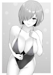 1girl breasts bright_pupils cleavage closed_mouth commentary_request cowboy_shot covered_erect_nipples eyebrows_hidden_by_hair fate/grand_order fate_(series) greyscale hair_over_one_eye halterneck hand_on_own_chest highres large_breasts lips mash_kyrielight monochrome one-piece_swimsuit outside_border short_hair simple_background skindentation smile solo swimsuit thigh_gap zonda_(solid_air) rating:Sensitive score:34 user:danbooru