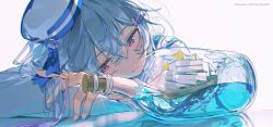  1boy absurdres androgynous aqua_theme arknights arm_on_table arm_pillow blue_hair blue_hat blue_ribbon blue_sailor_collar blue_theme bottle chromatic_aberration closed_mouth copyright_name crossed_bangs english_text gradient_hair hair_between_eyes hair_ornament hair_spread_out hairpin hand_on_own_arm hat hat_ribbon head_on_arm head_on_table highres light_smile long_sleeves looking_to_the_side mizuki_(arknights) multicolored_hair multiple_hairpins pink_eyes purple_hair reflection reflective_table resting ribbon sailing_ship sailor_collar sailor_hat sailor_shirt ship ship_in_a_bottle shirt solo trap two-tone_hat water watercraft white_hat white_shirt z3zz4 