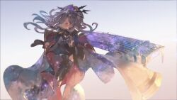 1girl armor breasts cape clothing_cutout granblue_fantasy hair_ornament hair_over_one_eye harp harvin highres holding holding_instrument holding_weapon instrument koto_(instrument) long_hair minaba_hideo navel navel_cutout niyon_(granblue_fantasy) official_alternate_costume official_art pointy_ears ponytail purple_hair small_breasts solo thighhighs weapon white_cape 