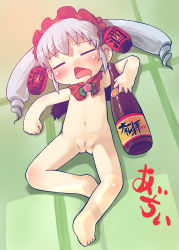  1girl akachouchin alcohol barefoot blush bottle capelet cleft_of_venus closed_eyes drill_hair drooling drunk feet female_focus flat_chest floor flower full_body futaba_channel headdress highres hugging_object loli long_hair lying navel nipples nude on_back on_floor open_mouth pink_flower pink_rose pussy rose rozen_maiden sake sake_bottle sakurabe_notos silver_hair sleeping solo sweat tatami toes triangle_mouth twintails uncensored 