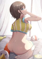  1girl ass asymmetrical_legwear back baseball_cap blue_eyes bottomless breasts brown_hair clothes_lift curtains hand_up hashira_14 hat highres hololive large_breasts looking_at_viewer looking_back megaphone mismatched_legwear on_bed oozora_subaru oozora_subaru_(1st_costume) orange_thighhighs see-through see-through_shirt shirt shirt_lift sitting soles solo sparkle stopwatch striped_clothes striped_shirt subaru_duck thighhighs unworn_headwear vertical-striped_clothes vertical-striped_shirt virtual_youtuber wariza watch whistle white_shirt white_thighhighs window yellow_shirt  rating:Questionable score:62 user:danbooru