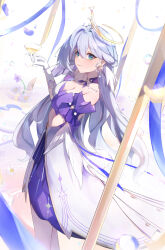  1girl absurdres aqua_eyes bare_shoulders breasts choker cleavage cocktail_glass commentary cowboy_shot cup detached_sleeves dress drinking_glass elphe gloves grey_hair hair_intakes highres holding holding_cup honkai:_star_rail honkai_(series) long_hair looking_at_viewer medium_breasts purple_choker robin_(honkai:_star_rail) smile solo standing very_long_hair white_background white_dress white_gloves 