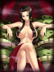  1girl amazon_warrior areola_slip armpits black_hair blush boa_hancock breasts brown_eyes censored collarbone convenient_censoring crossed_legs earrings hair_over_breasts jewelry kagami_hirotaka large_breasts legs lipstick long_hair looking_at_viewer makeup one_piece salome_(one_piece) sitting skirt snake solo topless  rating:Questionable score:72 user:danbooru