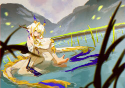 1girl absurdres arknights barefoot blonde_hair dragon_horns dragon_tail feet green_eyes highres horns long_hair looking_at_viewer parted_lips pointy_ears sexmiss shu_(arknights) soles tail toes