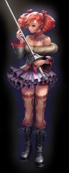 1girl absurdres amy_sorel bare_shoulders boots choker dress drill_hair fishnet_thighhighs fishnets goth_fashion gothic_lolita highres lips lolita_fashion namco red_hair solo soul_calibur strapless strapless_dress sword thighhighs twin_drills weapon rating:Sensitive score:12 user:twilight_jester
