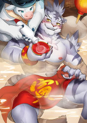 abs absurdres animal_ears body_fur bull character_request colored_sclera commentary furry furry_male grey_fur highres large_pectorals male_focus mao_jjj muscular muscular_male navel nimbus_(world_flipper) nipples orange_eyes pectorals short_hair tiger_boy tiger_ears white_fur world_flipper yellow_sclera rating:Sensitive score:1 user:danbooru