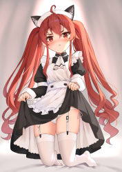  1girl :&lt; ahoge aliter alternate_costume animal_ear_fluff animal_ears apron bad_leg bed_sheet black_dress blush cat_ears closed_mouth clothes_lift commentary_request crotch_seam dress dress_lift enmaided eris_greyrat frilled_apron frills garter_straps hair_between_eyes highres juliet_sleeves kemonomimi_mode kneeling long_hair long_sleeves looking_at_viewer maid maid_apron maid_headdress mushoku_tensei no_shoes nose_blush panties puffy_sleeves red_eyes red_hair short_eyebrows side-tie_panties sidelocks solo thick_eyebrows thighhighs twintails underwear v-shaped_eyebrows very_long_hair white_apron white_panties white_thighhighs  rating:Questionable score:124 user:danbooru