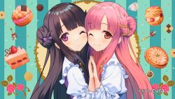  2girls blush brown_hair cake cake_slice cheek-to-cheek cookie cup cura double_bun dress end_card eyebrows_hidden_by_hair food fork hair_bun hair_ribbon heads_together highres holding_hands knife licorice_mille_huarek long_bangs long_hair looking_at_viewer matching_hairstyle multiple_girls okashi_na_tensei one_eye_closed pearl_hair_ornament petra_mille_huarek pie pink_hair purple_hair red_eyes ribbon siblings signature sisters smile striped_background teacup third-party_source twins upper_body very_long_hair white_dress 