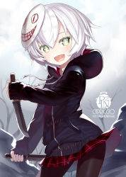 +_+ 1girl :d alternate_costume artist_name bare_tree black_hoodie blue_sky blush brown_pantyhose capriccio cloud cloudy_sky commentary_request contrapposto day drawstring dual_wielding facial_scar fate/grand_order fate_(series) green_eyes hair_between_eyes heart heart_in_mouth holding holding_knife hood hood_down hoodie jack_the_ripper_(fate/apocrypha) knife long_sleeves mask mask_on_head open_mouth outdoors pantyhose plaid plaid_skirt pleated_skirt red_skirt scar scar_across_eye scar_on_cheek scar_on_face silver_hair skirt sky sleeves_past_wrists smile solo standing tree rating:Sensitive score:19 user:danbooru