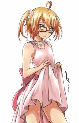  10s 1boy ahoge blush brown_eyes clothes_lift crossdressing dress dress_lift glasses highres jewelry love_stage!! male_focus necklace open_mouth pearl_necklace pink_dress sena_izumi_(love_stage!!) short_twintails solo standing sweatdrop tanashi_(mk2) trap twintails white_background 