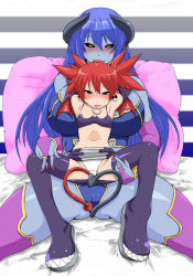 2girls :p astaroth_(shinrabanshou) bad_id bad_pixiv_id black_sclera blue_hair blue_skin blush breasts clitoris collar colored_sclera colored_skin colorized crossover demon_girl demon_tail disgaea earrings elbow_gloves erect_clitoris etna_(disgaea) flat_chest gloves heart heart_earrings heart_tail horns huge_breasts jewelry legs long_hair multiple_girls nabe0721 naughty_face navel open_mouth panties pantyshot pillow pointy_ears pussy red_eyes red_hair shinrabanshou skirt smile spread_legs tail thighhighs thighs tongue tongue_out trait_connection underwear wings yellow_eyes yuri rating:Explicit score:178 user:danbooru