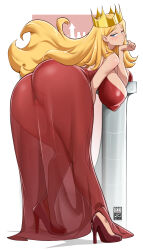  1girl absurdres ass ass_focus bare_shoulders bayeuxman bent_over blonde_hair blue_eyes blush breasts cleft_of_venus commentary covered_erect_nipples crown dress full_body hanging_breasts head_rest high_heels highres hilling_(ousama_ranking) huge_breasts impossible_clothes impossible_dress long_dress long_hair long_nose mature_female ousama_ranking paid_reward_available pointy_nose queen red_dress red_footwear see-through solo thick_thighs thighs  rating:Questionable score:279 user:danbooru