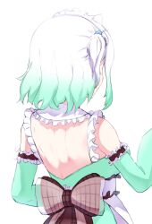  1girl back back_bow back_focus bare_back bow cgator commentary detached_sleeves dress english_commentary facing_away gradient_hair green_dress green_hair highres indie_virtual_youtuber maid_headdress mint_fantome multicolored_hair short_hair simple_background solo upper_body virtual_youtuber white_background white_hair 