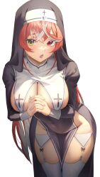  1girl :o alternate_costume breast_curtain breasts commentary covered_navel crossed_bangs garter_straps groin habit heterochromia highres hololive houshou_marine houshou_marine_(nun) kobayashi_(jna_x_rgh) large_breasts leaning_forward long_hair multicolored_hair no_bra no_panties nun open_mouth own_hands_together pelvic_curtain red_eyes red_hair simple_background solo streaked_hair thighhighs thighs two-tone_hair very_long_hair virtual_youtuber white_background white_hair white_thighhighs yellow_eyes 
