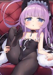 1girl :o azur_lane bare_arms bare_shoulders black_leotard black_pantyhose blue_eyes breasts collarbone commentary_request couch feet groin highres kokone_(coconeeeco) leg_up legs leotard loli long_hair looking_at_viewer no_shoes on_couch pantyhose parted_lips purple_hair small_breasts soles solo strapless strapless_leotard tashkent_(azur_lane) tashkent_(the_sprite&#039;s_snapshot)_(azur_lane) toes v-shaped_eyebrows very_long_hair 