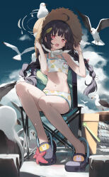 1girl absurdres ahoge bare_shoulders bird black_hair blue_archive blush bow braid bright_pupils bucket cloud commentary crocs full_body hair_ornament halo hands_on_headwear hat highres lace leaf_hair_ornament leaf_print long_hair looking_at_viewer midriff miyu_(blue_archive) miyu_(swimsuit)_(blue_archive) navel official_alternate_costume on_chair open_mouth pier rabbit rope seagull sidelocks sitting sky solo starfish stomach straw_hat swimsuit timo_wei95 twin_braids very_long_hair white_bow white_pupils rating:Sensitive score:12 user:danbooru