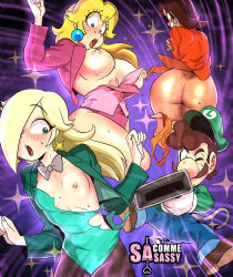  1boy 3girls ass blonde_hair blue_eyes blush breasts breasts_out brown_hair dress earrings embarrassed breasts facial_hair flower_earrings gloves hat jewelry large_breasts leotard lipstick long_hair looking_back luigi luigi&#039;s_mansion makeup mario_(series) multiple_girls mustache nintendo no_panties one_eye_closed open_mouth overalls pervert poltergust_3000 princess_daisy princess_peach rosalina sasa_tseng shiny_skin small_breasts super_mario_bros._1 super_mario_galaxy super_mario_land super_smash_bros. surprised sweat thighs torn_clothes torn_dress vacuum_cleaner wardrobe_malfunction  rating:Questionable score:59 user:Mr._Jive