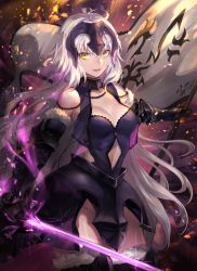 1girl banner black_footwear boots breasts chain choker cleavage clothing_cutout cowboy_shot fate/grand_order fate_(series) floating_hair fur_trim gauntlets green_eyes groin hair_between_eyes highres hisa_tobi_(s41229) holding holding_sword holding_weapon jeanne_d&#039;arc_(fate) jeanne_d&#039;arc_alter_(avenger)_(fate) jeanne_d&#039;arc_alter_(avenger)_(third_ascension)_(fate) jeanne_d&#039;arc_alter_(fate) long_hair looking_at_viewer medium_breasts midriff navel navel_cutout no_panties open_mouth silver_hair smile solo standing stomach sword thigh_boots thighhighs very_long_hair weapon rating:Sensitive score:6 user:danbooru