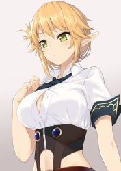 10s 1girl aegis_(takunomi) blonde_hair blush breasts cleavage commentary_request corset crop_top cropped_shirt elf highres large_breasts navel necktie original pointy_ears popped_button shirt short_hair simple_background solo sweat takunomi unbuttoned underbust upper_body wardrobe_malfunction white_shirt rating:Sensitive score:71 user:danbooru