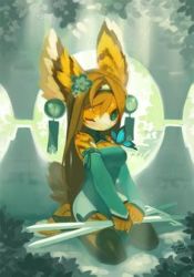  blue_eyes bug butterfly chinese_clothes flower forest furry insect kneeling looking_at_viewer lowres nature ocelot_ears orange_hair smile sword tyson_tan weapon  rating:Sensitive score:6 user:samyfc509