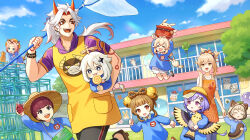  &gt;_&lt; +_+ 2boys 6+girls :3 :d :o absurdres ahoge all_fours animal_ear_fluff animal_ears animal_hood apron aranara_(genshin_impact) arataki_itto arm_up arms_up bangs_pinned_back beetle bell black_eyes black_footwear black_pants blonde_hair bloomers blue_shirt blue_sky blunt_bangs blush bodypaint bow-shaped_hair bracelet braid brown_eyes brown_footwear brown_hair brown_hat bug building butterfly_net candy carrying cat cat_ears cat_girl cat_tail child closed_eyes closed_mouth cloud coin_hair_ornament collared_shirt colored_inner_hair commentary_request crossed_bangs day diona_(genshin_impact) dodoco_(genshin_impact) double-parted_bangs dress drooling earrings eyelashes eyeshadow facepaint fake_animal_ears fake_tail fangs floating_hair food forehead freckles genshin_impact geta gradient_hair grandmaster_hanakado_(genshin_impact) green_eyes grey_hair hair_bell hair_between_eyes hair_ornament halo hand_net hand_up hat high_ponytail highres holding holding_butterfly_net holding_candy holding_food holding_hands holding_kite holding_lollipop hood hood_up horns insect insect_cage jewelry jingle_bell jumping jumpy_dumpty jungle_gym kindergarten kindergarten_uniform kite klee_(genshin_impact) leaf leaf_on_head licking lollipop long_hair long_sleeves looking_at_another low_twintails makeup medium_hair multicolored_hair multiple_boys multiple_girls name_tag ofuda ofuda_on_head onigiri onikabuto_(genshin_impact) open_mouth orange_cat orange_dress orange_eyeshadow orange_footwear orange_ribbon outdoors paimon_(genshin_impact) pants parted_bangs pink_hair pocket pointy_ears ponytail poster_(object) purple_hair purple_shirt qiqi_(genshin_impact) raccoon_ears raccoon_girl raccoon_hood raccoon_tail railing raised_eyebrows red_eyes red_hair red_horns ribbon running sandals sayu_(genshin_impact) school_hat shiki_koshou shiki_taishou shirt shoes short_hair short_sleeves sidelocks single_braid sky sleeping sliding_doors slime_(genshin_impact) smile socks star_(symbol) star_hair_ornament stone_wall sun_hat swirl_lollipop tail tail_ornament tail_ribbon teeth thick_eyebrows tongue tongue_out tree twintails underwear upper_teeth_only ushi_(genshin_impact) v-shaped_eyebrows very_long_hair wall white_bloomers white_hair white_socks window wing_collar yaoyao_(genshin_impact) yellow_apron yellow_eyes yellow_footwear yellow_hat yoimiya_(genshin_impact) yuegui_(genshin_impact) yuko666 