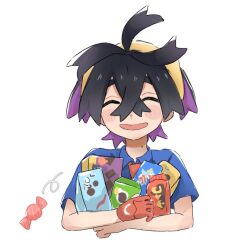 1boy :d aritsune01 black_hair blue_shirt blush_stickers candy_wrapper closed_eyes collared_shirt colored_inner_hair creatures_(company) crossed_bangs facing_viewer game_freak gloves hair_between_eyes hairband kieran_(pokemon) male_focus mole mole_on_neck motion_lines multicolored_hair nintendo open_mouth pokemon pokemon_sv red_gloves shirt short_hair simple_background smile solo upper_body white_background yellow_hairband  rating:General score:2 user:danbooru
