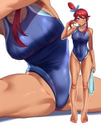 1girl absurdres blue_eyes blue_one-piece_swimsuit blush closed_mouth competition_swimsuit covered_navel creatures_(company) dark-skinned_female dark_skin game_freak highres holding holding_towel light_smile nintendo one-piece_swimsuit pokemon pokemon_bw red_hair skyla_(pokemon) standing swimsuit tan toin_(iitoin) towel water_drop wet rating:Questionable score:96 user:danbooru
