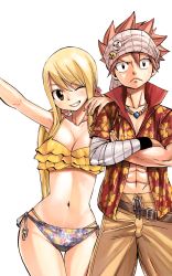 1boy 1girl abs bandaged_arm bandages bikini blonde_hair breasts brown_eyes cleavage crossed_arms fairy_tail frilled_bikini frills hand_on_shoulder hawaiian_shirt headband jewelry long_hair looking_at_viewer low_twintails lucy_heartfilia mashima_hiro natsu_dragneel navel necklace official_art one_eye_closed open_clothes open_shirt pink_hair plue scar scarf shirt side-tie_bikini_bottom simple_background smile spiked_hair stomach swimsuit twintails white_background wink yellow_bikini rating:Sensitive score:49 user:dmysta3000
