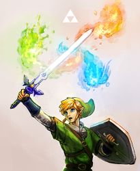  1boy armor belt blonde_hair blue_eyes blue_fire butiboco chainmail earrings fingerless_gloves fire gloves green_fire green_headwear green_tunic holding holding_sword holding_weapon jewelry link looking_up master_sword nintendo open_mouth pointy_ears shield sword the_legend_of_zelda the_legend_of_zelda:_skyward_sword triforce weapon 