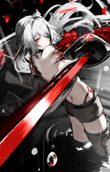  1girl absurdres acheron_(honkai:_star_rail) armpit_crease asymmetrical_legwear back bare_shoulders black_choker black_coat black_shorts blood bloody_tears body_markings boots bright_pupils choker closed_mouth coat coattails commentary_request detached_sleeves from_behind glint hair_intakes hair_over_one_eye highres holding holding_sword holding_weapon honkai:_star_rail honkai_(series) long_hair looking_at_viewer official_alternate_color osashimi_0343x rain red_eyes red_pupils shorts sidelocks single_detached_sleeve single_thigh_boot solo spine standing sword thigh_boots thighs wading water water_drop weapon white_hair white_pupils 