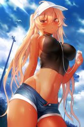  1girl ahoge animal arm_behind_back bare_shoulders between_breasts bird black_rock_shooter blonde_hair blue_shorts blue_sky blush breasts breasts_apart casual chariot_(black_rock_shooter) chestnut_mouth cloud cloudy_sky cowboy_shot crop_top denim denim_shorts fingernails foreshortening hair_between_eyes half-closed_eye halterneck hand_up hat highres holding hot long_fingernails long_hair looking_at_viewer m-da_s-tarou medium_breasts megaphone midriff nail_polish navel one-piece_tan open_fly open_mouth outdoors pink_nails ponytail shiny_skin short_shorts shorts sidelocks skin_tight sky sleeveless solo standing stomach sweat tan tanline thighs third-party_edit toned tree unbuttoned very_long_hair visor_cap white_hat yellow_eyes  rating:Sensitive score:187 user:sippindippin