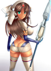 1girl alice_gear_aegis ass breasts brown_hair butt_crack daddy_pomgi dark-skinned_female dark_skin elbow_gloves from_behind gloves green_eyes kaneshiya_sitara large_breasts long_hair looking_at_viewer looking_back shorts smile solo tagme thighhighs weapon