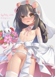 1girl @_@ absurdres blush borrowed_character bouquet breasts bridal_veil brown_eyes brown_hair censored dress elbow_gloves embarrassed female_focus flower garter_belt garter_straps gloves grey_background groin hair_ornament hairclip happy_birthday highres karv loli long_hair mosaic_censoring navel nipples no_panties open_mouth original pussy pussy_juice showgirl_skirt simple_background skirt skirt_hold small_breasts solo stuffed_toy tears thighhighs thighs topless veil wedding_dress white_gloves white_skirt white_thighhighs rating:Explicit score:272 user:danbooru
