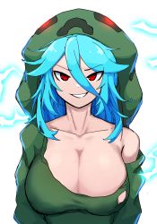  1girl at2. blue_hair breasts charged_creeper cleavage_cutout clothing_cutout collarbone creeparka creeper cupa_(at2.) electricity green_hoodie grin hair_between_eyes highres hood hood_up hoodie large_breasts long_hair long_sleeves looking_at_viewer minecraft parted_lips red_eyes smile teeth torn_clothes torn_hoodie  rating:Questionable score:58 user:girlsetsfire