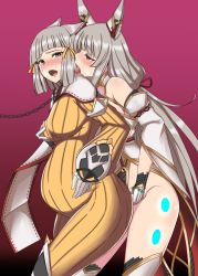  2girls animal_ears bad_id bad_pixiv_id belly big_belly blush grabbing_another&#039;s_breast chain chained chain dual_persona grabbing groping inflation licking multiple_girls nia_(blade)_(xenoblade) nia_(xenoblade) nintendo niyah open_mouth pregnant recaromen restrained selfcest silver_hair spoilers sweatdrop tongue tongue_out xenoblade_chronicles_(series) xenoblade_chronicles_2 yuri 