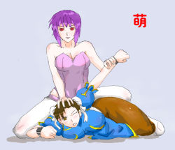  2girls artist_request bare_shoulders breasts brown_eyes brown_hair capcom chinese_clothes chun-li crossover female_focus ghost_in_the_shell kusanagi_motoko large_breasts medium_breasts multiple_girls purple_hair red_eyes restrained short_hair simple_background strapless street_fighter  rating:Questionable score:10 user:demonfencer