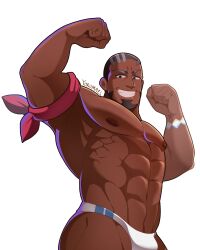  1boy abs absurdres armband armpits artist_name bad_tag bara beard bracelet bulge buzz_cut creatures_(company) dark_skin double_biceps_pose facial_hair flexing game_freak highres jewelry looking_at_viewer male_focus male_swimwear manly mature_male murdock_(pokemon) muscular muscular_male nintendo nipples pectorals pokemon pokemon_(anime) pokemon_horizons short_hair signature simple_background smirk solo swim_briefs teeth thick_arms upper_body very_short_hair white_background yorumaell 