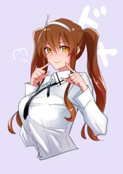 1girl alternate_hairstyle ashigara_(kancolle) text_background baron_(nsbaron) black_necktie blush breasts brown_hair collared_shirt doyagao fingers_to_mouth hairband index_finger_raised kantai_collection large_breasts long_hair long_sleeves looking_at_viewer multicolored_hair necktie pink_background shirt sidelocks simple_background smug solo streaked_hair twintails upper_body v-shaped_eyebrows white_hairband white_shirt wing_collar yellow_eyes rating:Sensitive score:12 user:danbooru