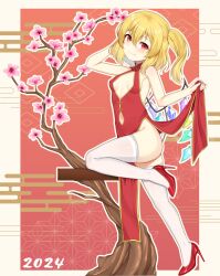  1girl 2024 akasaka_sato alternate_costume bare_arms bare_shoulders blonde_hair blush border branch breasts china_dress chinese_clothes closed_mouth clothes_lift clothing_cutout commentary_request covered_erect_nipples dated dress dress_lift fang flandre_scarlet flower foot_up full_body hair_between_eyes high_heels highres hip_vent looking_at_viewer medium_hair midriff navel navel_cutout nengajou new_year no_bra no_headwear one_side_up paid_reward_available pink_flower red_background red_dress red_eyes red_footwear shiny_skin simple_background skindentation sleeveless sleeveless_dress slit_pupils small_breasts smile solo standing standing_on_one_leg thighhighs thighs touhou tsurime white_border white_thighhighs 