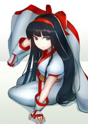 1girl ainu_clothes arm_support black_hair breasts fingerless_gloves gloves green_eyes hair_ribbon half-closed_eyes highres long_hair looking_at_viewer medium_breasts nakoruru pants ribbon samurai_spirits sitting snk solo the_king_of_fighters thick_thighs thighs very_long_hair