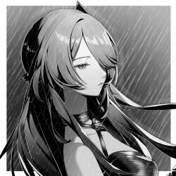 1girl acheron_(honkai:_star_rail) bare_shoulders black_background black_choker breasts chinese_commentary choker cleavage collarbone commentary_request criss-cross_halter from_side greyscale hair_ornament hair_over_one_eye halterneck highres honkai:_star_rail honkai_(series) large_breasts long_hair looking_ahead monochrome parted_lips rain solo wet white_background xingyuan611 