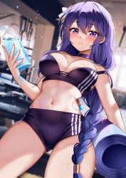 1girl bare_arms bare_shoulders blurry blurry_background blush bottle breasts choker commentary cowboy_shot crop_top english_commentary flower genshin_impact hair_flower hair_ornament highres holding holding_bottle indoors large_breasts long_braid long_hair looking_at_viewer midriff navel parted_lips purple_choker purple_eyes purple_hair purple_shorts raiden_shogun short_shorts shorts solo sports_bra squchan standing stomach strap_slip thighs very_long_hair water_bottle white_flower rating:Sensitive score:86 user:danbooru