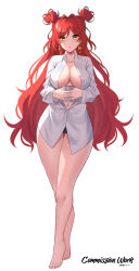  1girl black_panties breasts character_request cleavage commission cup double_bun earrings full_body green_eyes hair_bun highres holding holding_cup hoop_earrings jewelry mug navel omenion panties partially_unbuttoned red_hair shirt simple_background solo underwear vgen_commission virtual_youtuber white_background white_shirt 