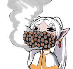  1girl capelet cigarette commentary earrings elf english_commentary frieren gentlemen_(meme) gold_trim jewelry long_hair looking_at_viewer lowres meme monky_sm parted_bangs pointy_ears simple_background sketch smoke smoking solo sousou_no_frieren team_fortress_2 too_many too_many_cigarettes too_many_in_mouth twintails upper_body white_background white_capelet white_hair  rating:General score:18 user:danbooru