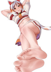 1girl absurdres animal_ears arms_up barefoot bell calico cat_ears cat_girl cat_tail crop_top feet foot_focus foreshortening goutokuji_mike highres jingle_bell looking_at_viewer maneki-neko medium_skirt midriff multicolored_clothes multicolored_hair multicolored_shirt multicolored_skirt multicolored_tail neck_bell oirin orange_eyes patch patchwork_clothes short_hair short_sleeves simple_background skirt soles solo stomach streaked_hair tail toes touhou white_background white_hair rating:Sensitive score:39 user:danbooru