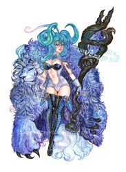  1girl blue_hair breasts dragon_blaze dragon_girl glasses highres horns long_hair lucifiel_gebet monster_girl solo witch  rating:Sensitive score:2 user:Lucifersama